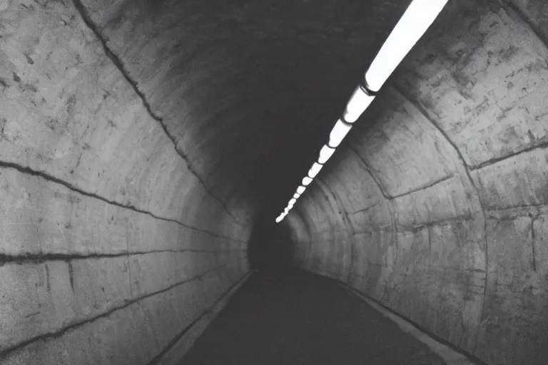 Prompt: grainy documentary film shot of an underground tunnel with windows showing outer space