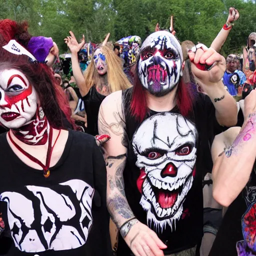 Image similar to juggalos invading a grateful dead concert, highly detailed facial expressions