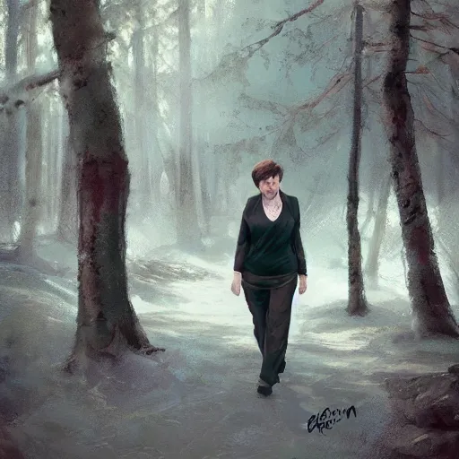 Image similar to supreme court justice elena kagan going for a walk in the woods, digital art by ruan jia and mandy jurgens and artgerm, highly detailed, trending on artstation, award winning