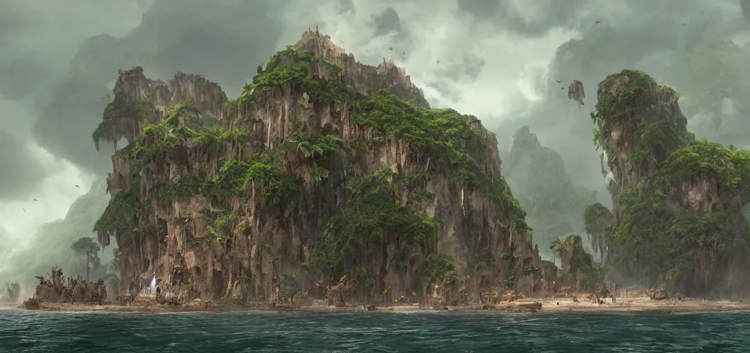 Image similar to skull Island, wooden fortress wall on a tropical island with ruff shore cliffs,landscape, raphael lacoste, eddie mendoza, alex ross, john howe, concept art, matte painting, highly detailed, rule of thirds, dynamic lighting, cinematic, detailed, denoised, centerd, clean render