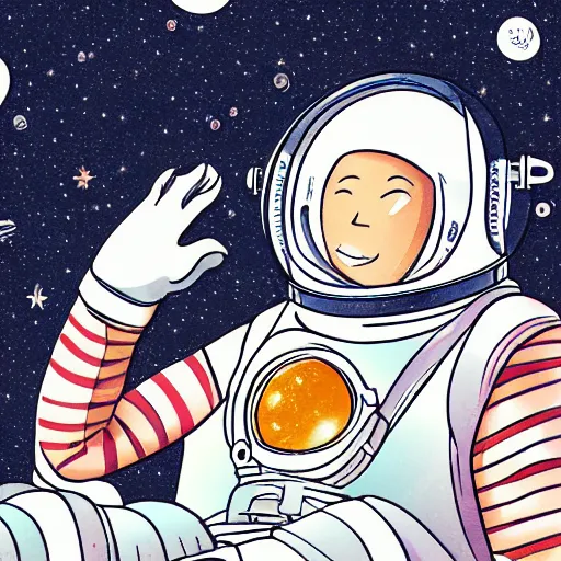 Prompt: Meyoko illustration of an astronaut drifting in space staring at the earth