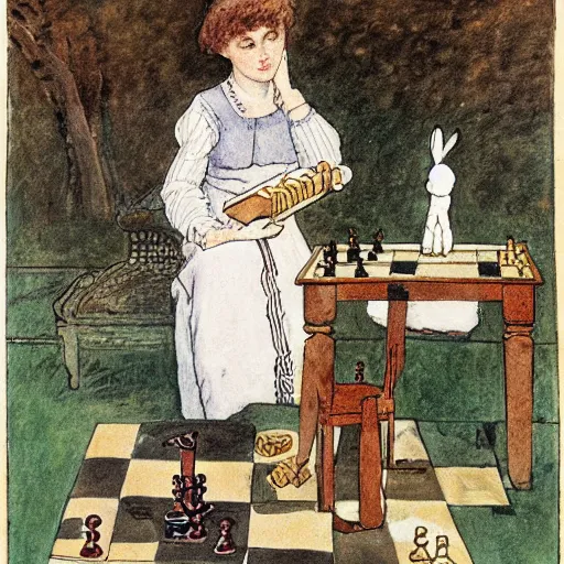 Image similar to a young edwardian woman playing chess against a rabbit, in the style of carl larsson