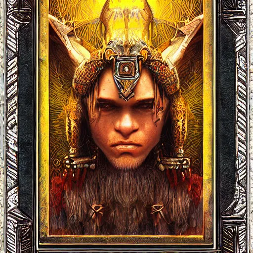 Prompt: digital painting incan card frame, by filipe pagliuso and justin gerard, symmetric, fantasy, realistic, highly detailed, realistic, intricate, sharp focus, tarot card frame, peruvian