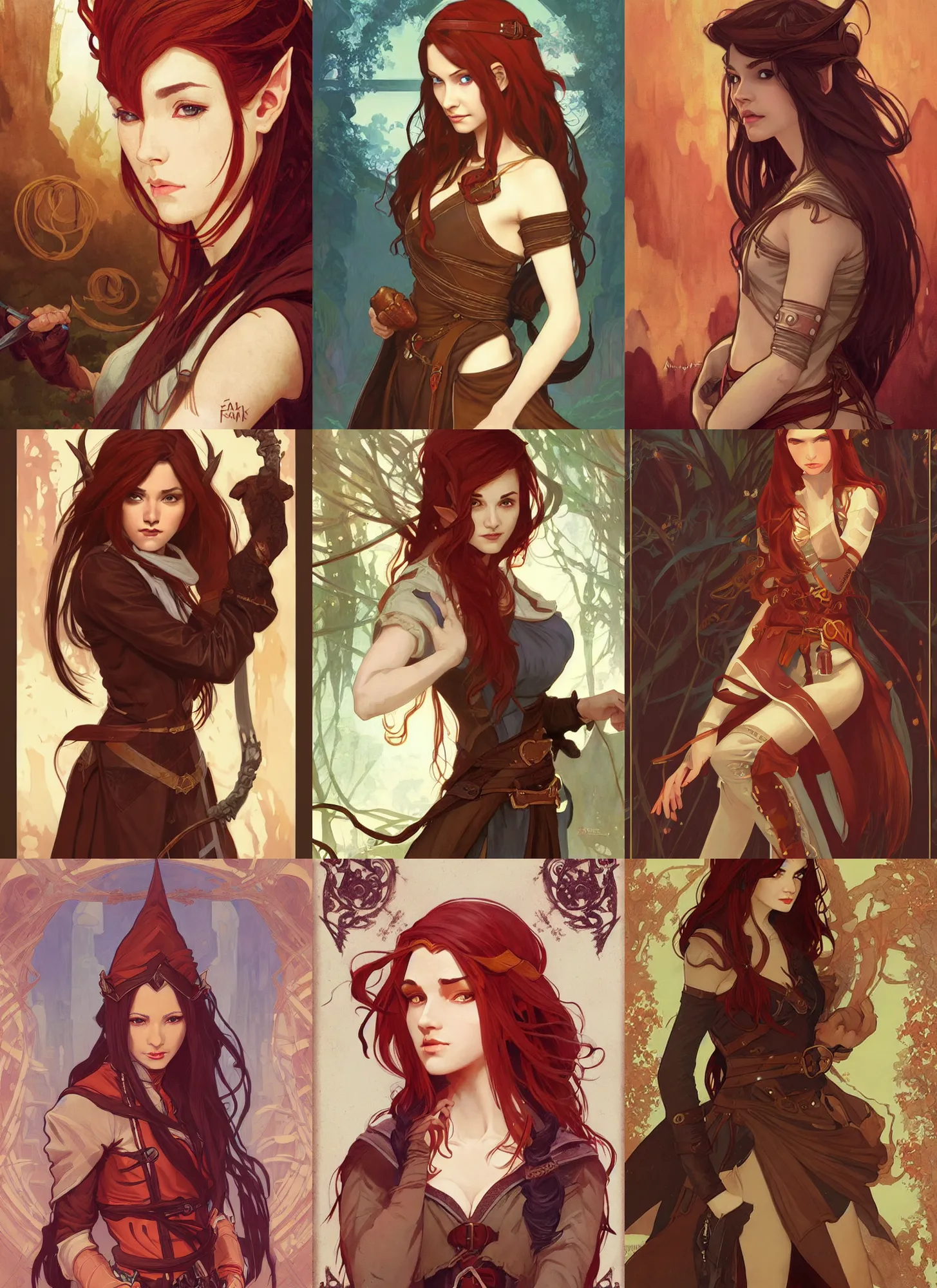 Prompt: portrait of beautiful half elf monk, witty female teenager, brown skin, red hair, fisting, leather trench coat, badass, high fantasy, dnd, smooth, sharp focus, illustration, by rossdraws, alphonse mucha, frank fanzzeta, collectible card art