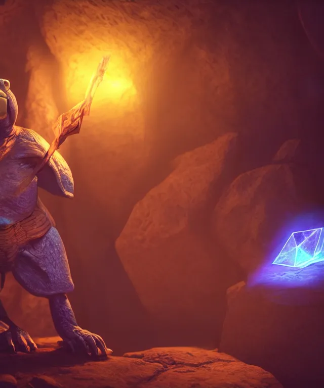 Image similar to an old turtle - wizard holding open a spell book with magic glowing runes in a mystical crystal cave at night in the dark, volumetric lighting 8 k photorender realengine character concept cinematic