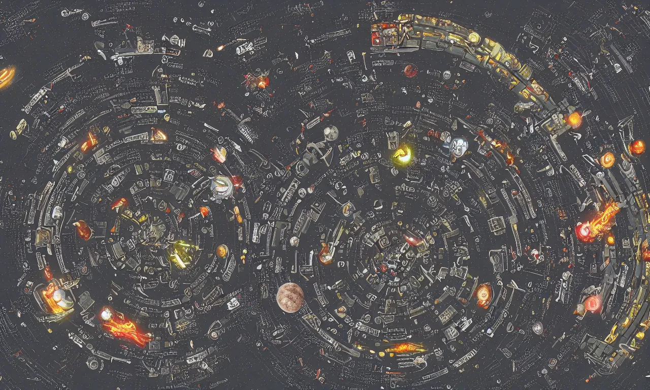 Prompt: a space junkyard forming a tilted disk around black hole, a graveyard of space stations and giant space structures vortex in black starless space, dark sci - fi game map with solid background