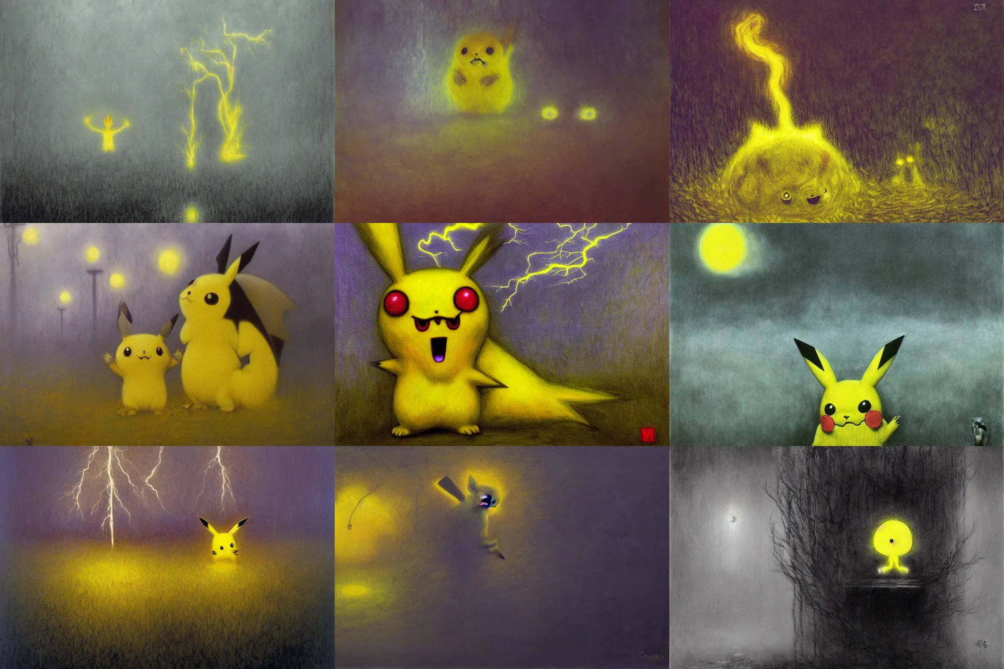 Prompt: gloomy eerie photo of pikachu. yellow cartoon pokemon animal. electric lightning, zdislaw beksinski, yoshitaka amano, creepy, horror, beautiful painting by claude monet 8 k