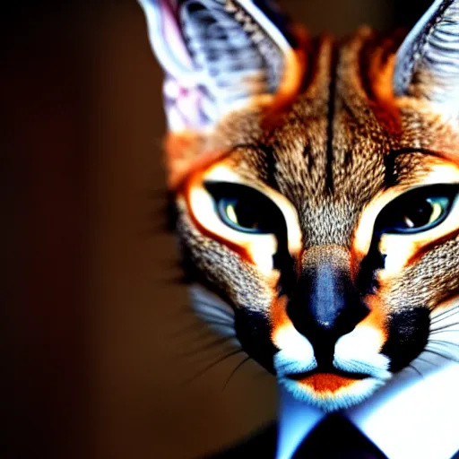 Prompt: caracal cat dressed up in a business suit american psycho, high definition, beautiful photography, 8 k.