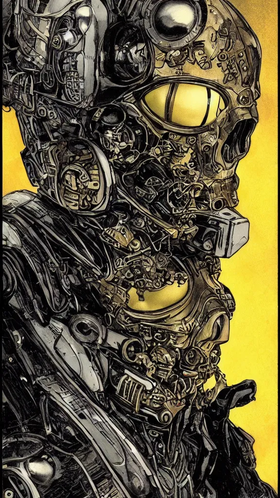 Prompt: portrait of a dead cyberpunk space pirate in concept armor with golden cyborg skull in a futuristic prototype oxygen intake helmet by Abigail Larson + Alan Lee + Audrey Kawasaki + Giovanni-Piranesi + Winsor-McCay + Howard-Pyle, headshot, 8k vhs glitch, cinematic, sharp focus, smooth, sense of awe