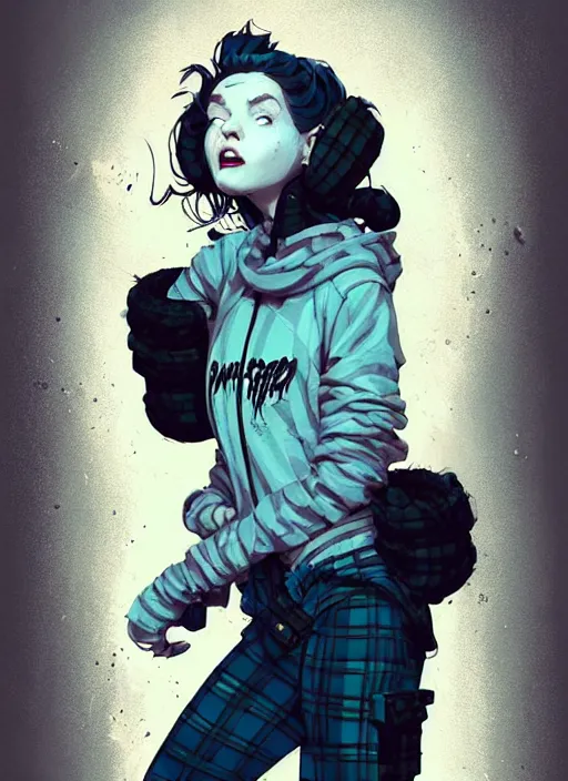 Image similar to highly detailed portrait of a sewer punk lady, tartan hoody, ringlet hair by atey ghailan, by greg rutkowski, by greg tocchini, by james gilleard, by joe fenton, by kaethe butcher, gradient light blue, black, cream and white color scheme, grunge aesthetic!!! ( ( graffiti tag wall background ) )