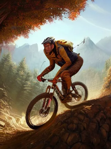 Image similar to handsome man riding a mountain bike in the wild, downhill. intricate, elegant, highly detailed, digital painting, artstation, cinematic shot, concept art, sharp focus, illustration, by justin gerard and artgerm, 8 k