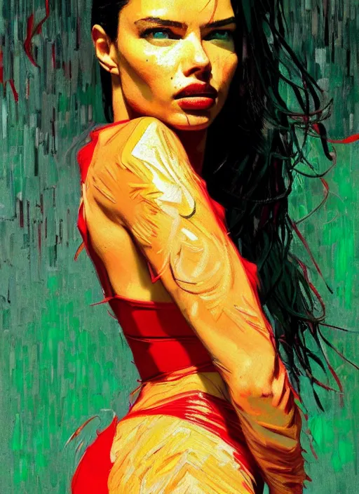 Image similar to close up portrait of adriana lima, sensual, ecstatic, shades green and red, beautiful face, rule of thirds, intricate outfit, spotlight, by greg rutkowski, by jeremy mann, by francoise nielly, by van gogh, digital painting