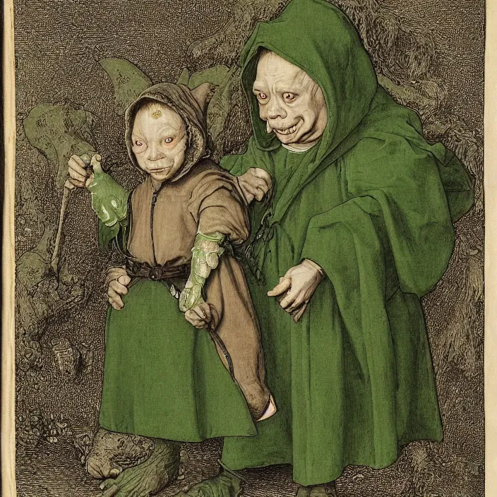 Image similar to a goblin monster and a child in a green hooded cloak, by Hans Holbein the Younger