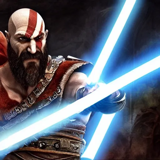 Prompt: kratos from god of war using a lightsaber