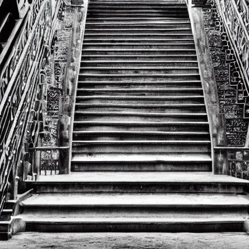 Image similar to black and white press photograph, highly detailed space of stairs, stairs and stairs, detailed textures, natural light, mist, architecture photography, film grain, soft vignette, sigma 8 5 mm f / 1. 4 1 / 1 0 sec shutter, darren aronofsky film still promotional image, imax 7 0 mm footage