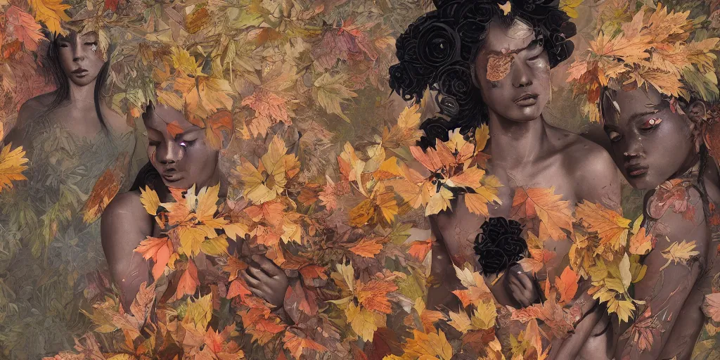 Image similar to breathtaking detailed concept art painting pattern of black faces goddesses amalgamation autumn leaves with anxious piercing eyes and blend of flowers and birds, by hsiao - ron cheng and john james audubon, bizarre compositions, exquisite detail, extremely moody lighting, 8 k
