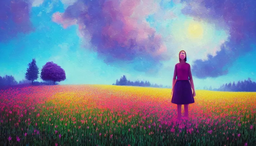 Image similar to girl with an blooming flower face, surreal photography, dream, standing in flower field, hills, big trees, sunrise dramatic light, impressionist painting, colorful clouds, digital painting, pointillism, artstation, simon stalenhag