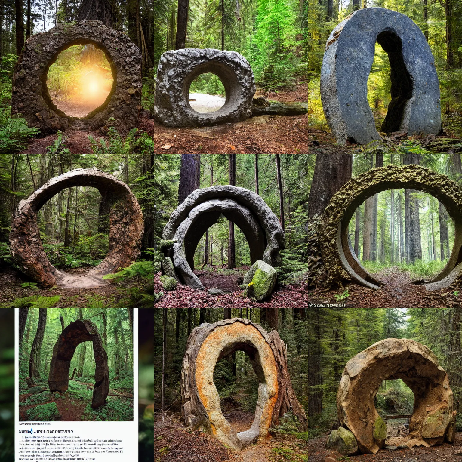 Prompt: photograph of a magic stone portal that was discovered in a forest clearing in northern california, published in national geographic's may 2 0 2 7 issue