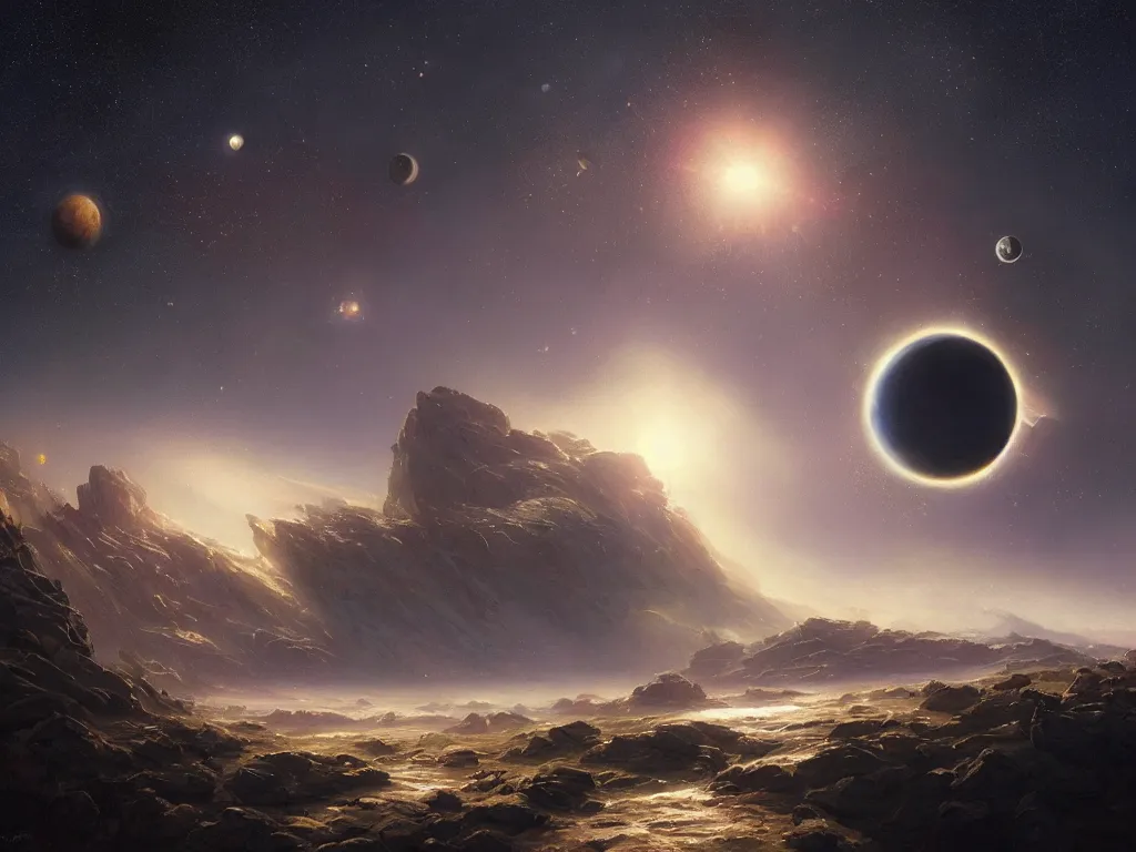 Prompt: A beautiful painting of a five planets, shining its light by greg rutkowski and thomas kinkade, There are five planets that are black, white, yellow, red, and blue, behind the galaxy and the universe, Trending on artstation