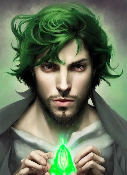 Image similar to character concept portrait of an attractive young Spanish wizard with green eyes and powder-green skin conjuring a cosmic spell, a floating iridescent spell book in the center, intricate, elegant, digital painting, concept art, smooth, sharp focus, illustration, from Metal Gear, by Ruan Jia and Mandy Jurgens and William-Adolphe Bouguereau, Artgerm
