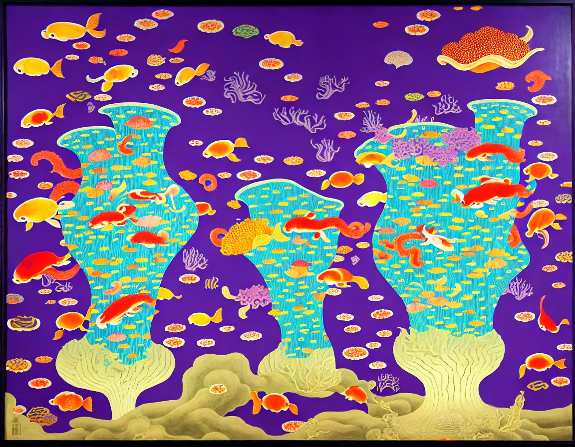 Prompt: vase of mushroom in the sky and under the sea decorated with a dense field of stylized scrolls that have opaque purple outlines, with koi fishes, octopus, sponges, ambrosius benson, kerry james marshall, afrofuturism, oil on canvas, history painting, hyperrealism, light color, no hard shadow, around the edges there are no objects
