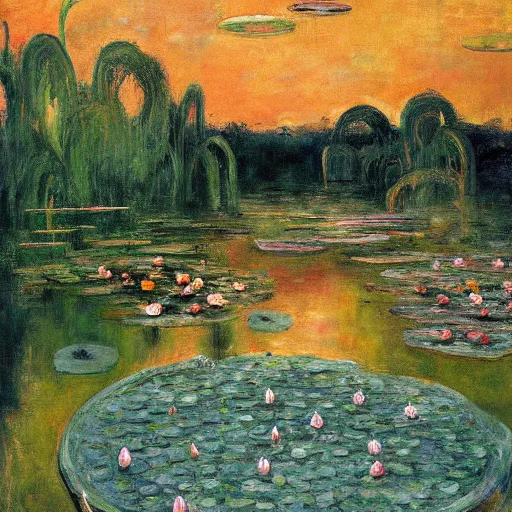 Prompt: A peaceful painting that shows a pond with water lilies floating on the surface. The colors are soft and calming, and the overall effect is one of serenity and relaxation. neon, manichaean artwork, grim dark by Heinrich Lefler, by Chaïm Soutine, by Arkhyp Kuindzhi wondrous, digital art