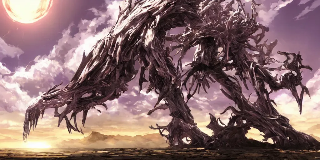 Image similar to sci - fi anime exoskeleton creature fighting the ancient tree god on a vast desert island, cinematic, high fantasy, maximalist, epic