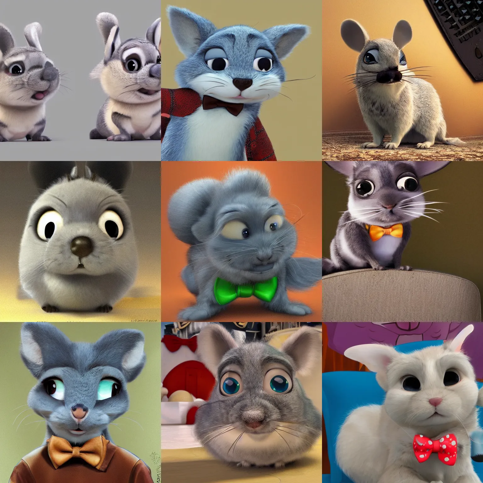 Prompt: very cute disney pixar chinchilla wearing a bow tie, detailed fur, concept artwork, 3 d render official art, zootopia, cartoony, adorable design, disney disney, large eyes, whiskers hq, artstationhd, pixar, luca