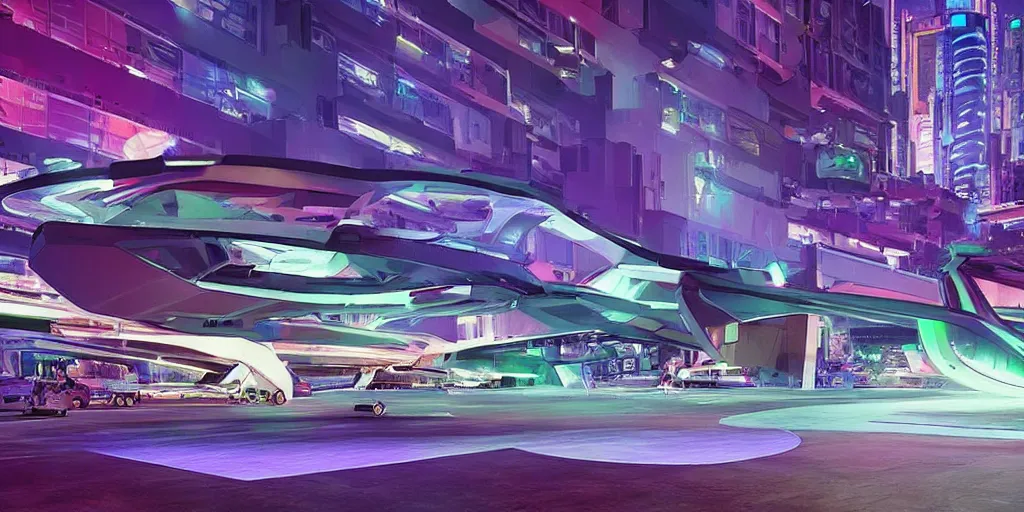 Prompt: a modern luxury spaceship on a landing pad in a busy neon-lit futuristic city