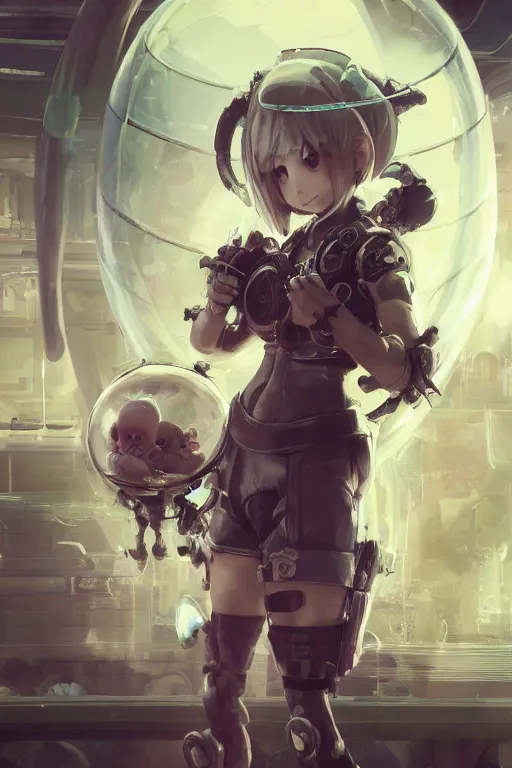 Prompt: portrait splatoon nintendo one alice otsu character full body of pregnante women seat on the ground with baby in a glass sphere precis no blur, concept art, character sheet, nier automata, gaston bussiere, greg rutkowski, tsutomu nihei, cyberpunk, trending on artstation, featured on pixiv, hyper detail, cinematic composition, 8 k