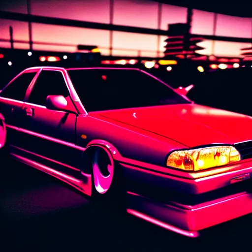 Image similar to a car JZX100 at illegal car meet, Saitama prefecture, city sunset night, cinematic color, photorealistic, highly detailed, 200MM