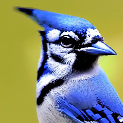 Prompt: photograph of a bluejay staring directly into the camera