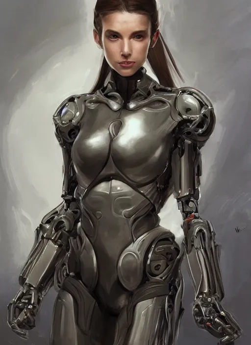 Image similar to a professional painting of a beautiful young female, clothed in stealth armor, cybernetic implants, olive skin, long dark hair, beautiful bone structure, symmetrical facial features, intricate, elegant, digital painting, concept art, smooth, sharp focus, illustration, from Metal Gear, by Ruan Jia and Mandy Jurgens and Artgerm and William-Adolphe Bouguerea