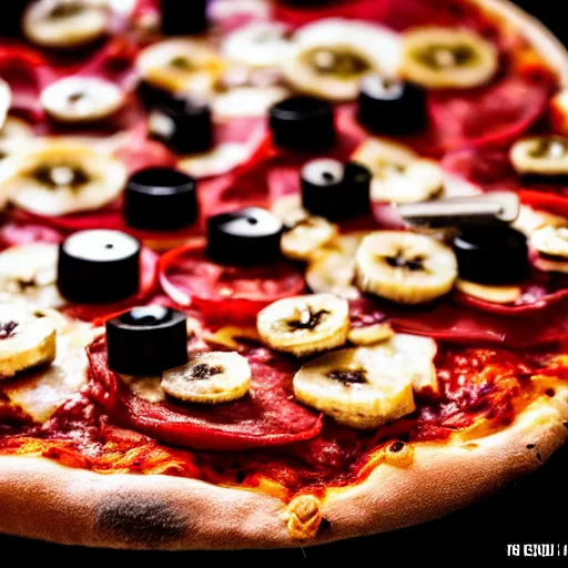 Prompt: a photo of a pizza made of metal, pizza with gears, food photo, professional food photo, iphone, whole banana, 4 k