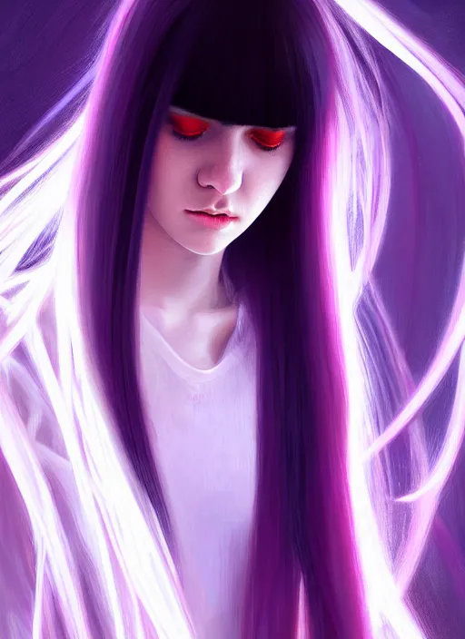 Image similar to hair whitebangs hair, black hair, whitebangs, portrait of teenage girl with white bangs, red irises, purple clothes, white bangs, bangs are different color from hair, intricate, elegant, glowing lights, highly detailed, digital painting, artstation, concept art, smooth, sharp focus, illustration, art by wlop, mars ravelo and greg rutkowski