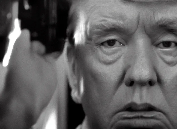 Image similar to screenshot wide shot from moody scene of Donald Trump pensive, in High and Low, 1963 film directed by Akira Kurosawa, kodak film stock, black and white, anamorphic lens, 4K, detailed, stunning cinematography and composition shot by Takao Saito, 70mm