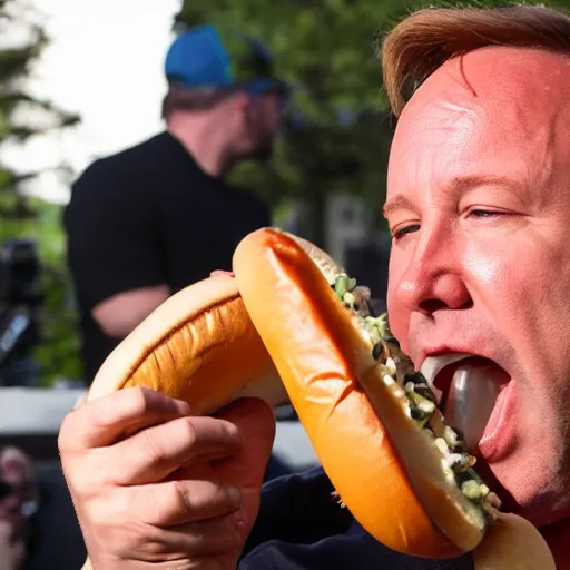 Prompt: alex jones eating hot dogs while shouting