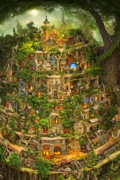 Image similar to a miniature city built into the trunk of a single colossal tree in the forest, with tiny people, in the style of james c christensen, lit windows, close - up, low angle, wide angle, awe - inspiring, highly detailed digital art