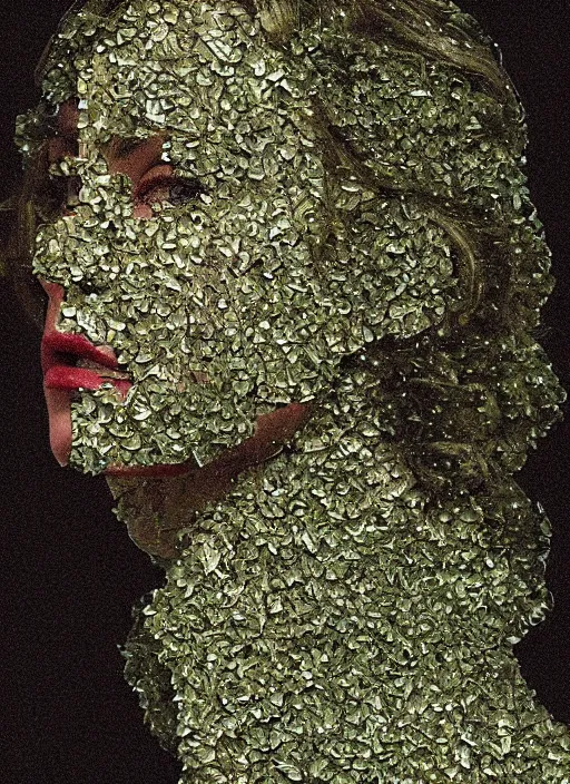 Prompt: a woman's face in profile, made of glass leaves, in the style of the Dutch masters and Gregory Crewdson, dark and moody