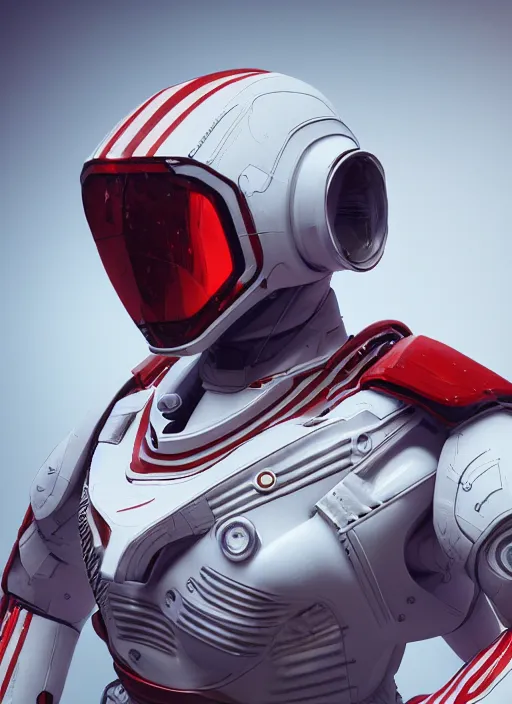 Image similar to a Photorealistic dramatic hyperrealistic render of a futuristic exospacesuit,Ultra realistic details,glossy white with red stripes by Vitaly Bulgarov and Mike Nash,Beautiful dramatic dark moody tones and lighting,cinematic atmosphere,studio lighting,shadows,dark background, Octane render,8K