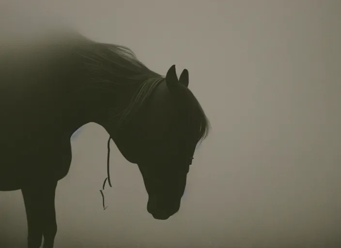 Image similar to an underexposed kodak 500 photograph of a horse with an insect head in the mist, muted color