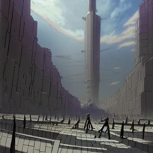 Prompt: “The plaza around the base of the industrial tower was very large and spacious. The tower was made of solid black metal and stone. The plaza was patrolled by large mechanized guards. Anime background artwork in the style of Akira. Art by Marc Simonetti, artwork by Ted Nasmith, Ted Nasmith and Marc Simonetti, 8K, D&D concept art, D&D wallpaper”