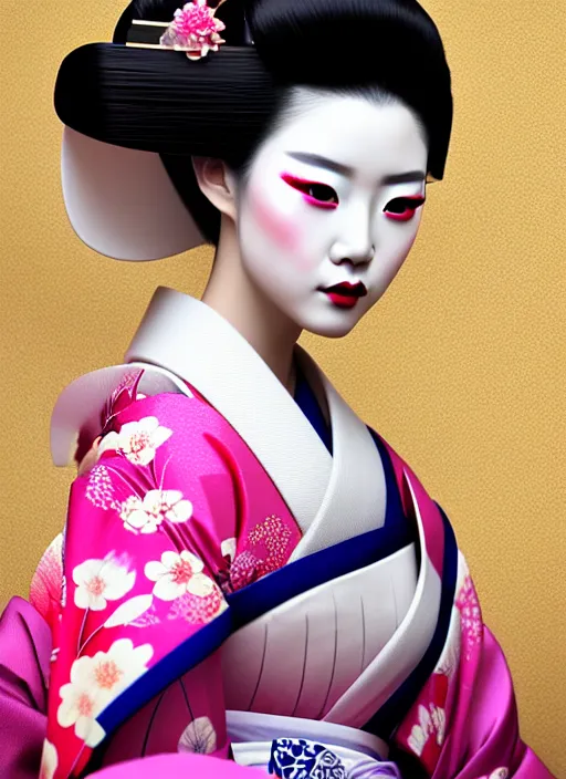 Image similar to Geisha photo portrait, beautiful makeup, pearlescent skin, elegant pose, highly detailed kimono, photorealism, artstation, different point of view, sharp focus, photorealistic, soft diffuse lights, canon 5D 50 mm lens