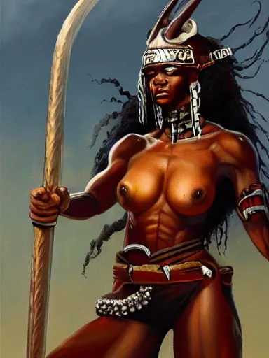 Prompt: painting of a black female zulu warrior riding a horse, highly detailed painting, realistic, symmetrical, illustration, artstation, in the style of frank frazetta, ayami kojima