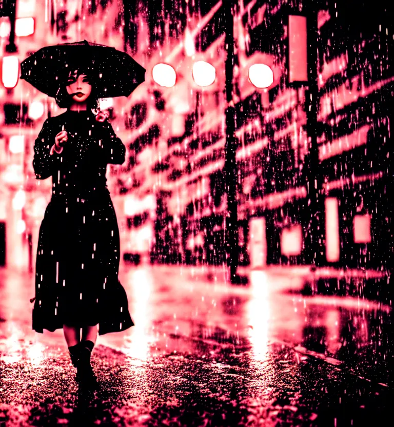 Image similar to a photo close up cyberpunk woman dancing in the rain, cyberpunk hiroshima, prefecture streets, sunset, photorealistic, cinematic lighting, highly detailed, bokeh, style by tomino - sama