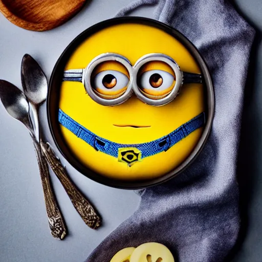 Prompt: a minions eating a dish of hot lentils with grated cheese on top, cursed photography
