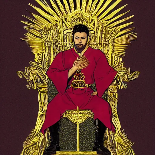 Image similar to modern self portrait of man sitting on throne, legs crossed, while holding a sword, white man, hispanic, brown hair, light skin, golden throne, sharp, marker, red robes, 8 k, hi - rez, clear, brown eyes, colored, green plants and golden background, sun in the sky, palace scenery, sharp, illustrated by yoji shinkawa