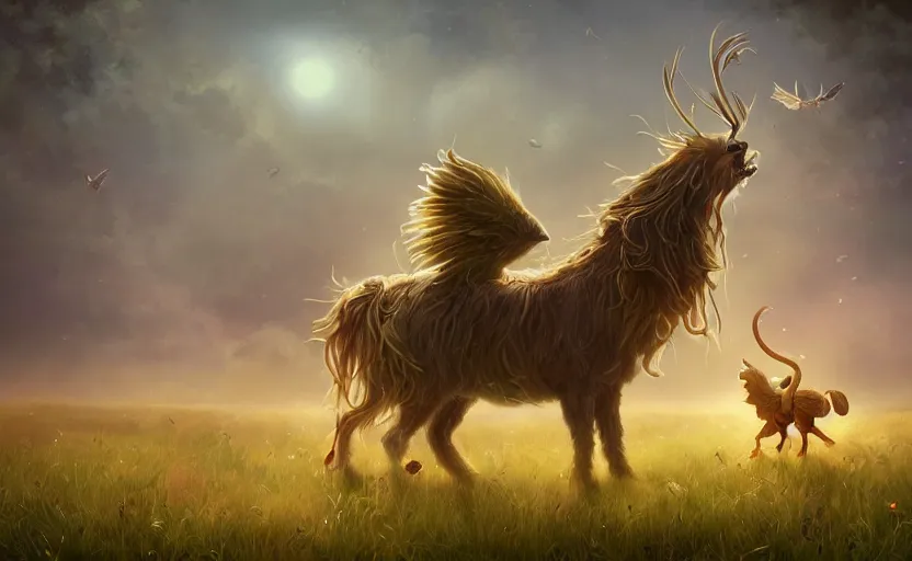 Image similar to a whimsical magical creature in a field, beautiful, cool dynamic lighting, atmospheric, cinematic, highly detailed digital art, painted by scott musgrove