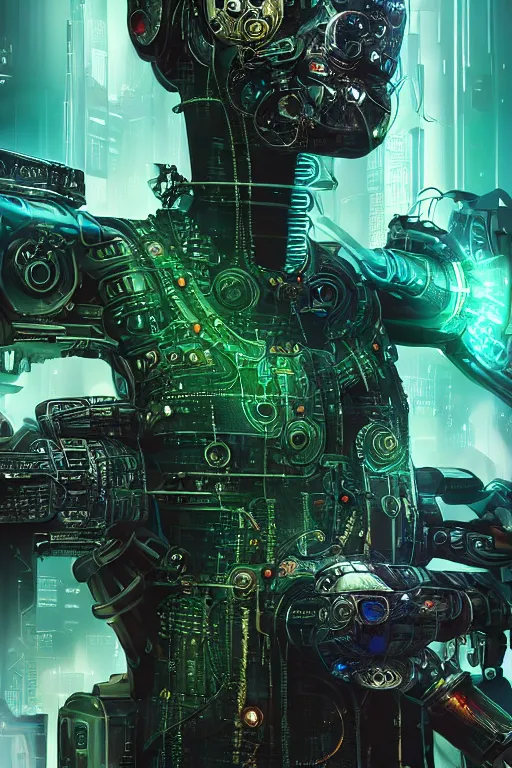 Image similar to Portrait of a cyberpunk sci-fi cyborg, third person, D&D, sci-fi fantasy, pistons and bolts, intricate, green and gold, highly detailed, art by Range Murata, highly detailed, 3d, octane render, bright colors, digital painting, trending on artstation, sharp focus, illustration style of Stanley Artgerm, background in a cinematic style