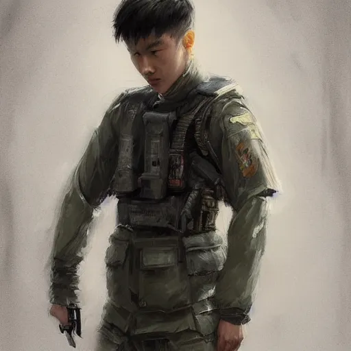 Image similar to Portrait of a man by Greg Rutkowski, he is about 20 years old, korean, short black hair, young, manly, attractive, tall and slim, smart looking, he is wearing futuristic military fatigues, highly detailed portrait, scifi, digital painting, artstation, concept art, smooth, sharp foccus ilustration, Artstation HQ